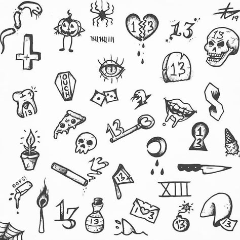 13th Tattoo Ideas, Friday The 13th Tattoo Ideas, Friday The 13th Tattoo, Stick Poke Tattoo, 13 Tattoos, Sharpie Tattoos, Flash Tattoo Designs, Tattoo Flash Sheet, Doodle Tattoo