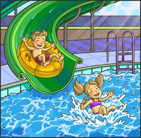 Summer Fun Aqua Park Water Park Drawing, Swimming Cartoon, Pool Drawing, Art Crayon, Water Theme Park, Pool Party Kids, Aqua Park, Drawing Competition, Elephant Illustration