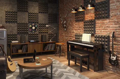 Musician Room, Music Room Office, Studio Music Room, Music Room Design, Acoustic Piano, Home Recording Studio Setup, Drum Room, Home Music Rooms, Guitar Room