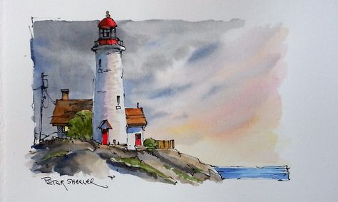 "Sunset Lighthouse" Line and Wash Watercolor. New YouTube Video. | by Peter Sheeler Line And Wash Watercolor, Peter Sheeler, Watercolor Lighthouse, Line And Wash, Koi Watercolor, Pen And Wash, Lighthouse Painting, Lighthouse Art, Watercolor Lessons