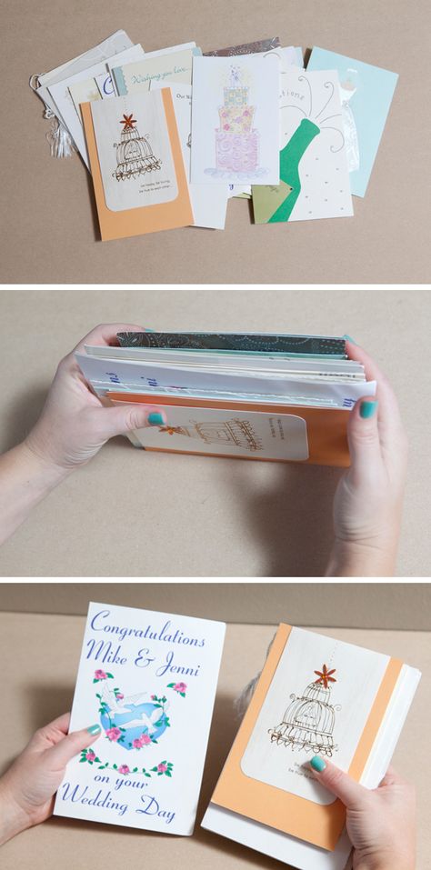 Make a book out of cards given to you!  This would be great for Christmas, new baby, or wedding cards.  :) How To Bind Greeting Cards, Saving Cards Ideas, Save Cards Ideas, Card Book Diy, Card Keepsake Book, Wedding Card Book, Keep Or Toss, Wedding Card Keepsake, Memorabilia Storage