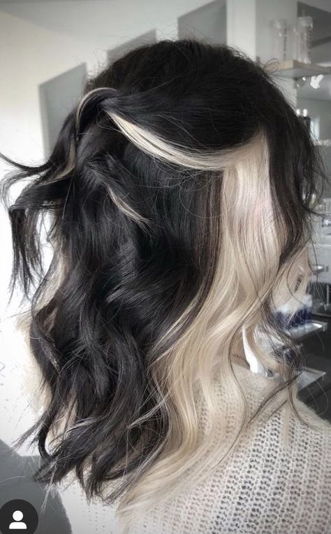 Shoulder Length Color Ideas, Mrs Malfoy Hair, Black And Peekaboo Hair, Black Hair With Money Pieces And Highlights, Malfoys Mom Hair Color, Back And Blonde Hair, Brown Hair With Black Peekaboo, Dark Front Pieces Hair, Peakaboo Underlights Silver