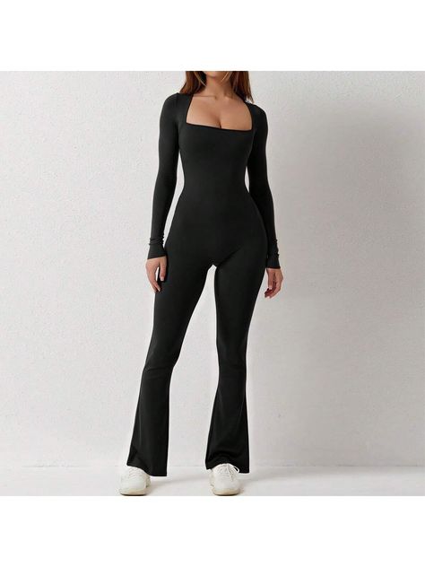 Black  Collar Long Sleeve  Plain Jumpsuit Embellished High Stretch Spring/Summer/Fall Women Plus Activewear Sport Jumpsuit Outfit, Flare Jumpsuit Outfit, Long Black Jumpsuit, Black Jumpsuit Outfit, Sports Jumpsuit, Plain Jumpsuits, Jumpsuit Outfit, Styles P, 7th Grade