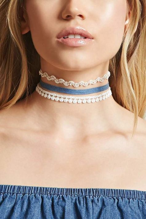 Forever 21 Denim Crochet Choker Set Available Colors: CREAM/BLUE Available Sizes: One Size details A set featuring one denim choker, one crochet choker with scalloped trim, one faux pearl and rhinestone choker, and all with lobster clasp closures. Content + Care - Three chokers total - 60% polyester, 20% plastic, 10% glass, 10% metal - Made in China Size + Fit - Width: 0.375" - Length: 15" - 16.25" Denim Crochet, Necklaces Aesthetic, Denim Choker, Crochet Choker, Choker Necklace Designs, Denim Jewelry, Aesthetic Crochet, Rhinestone Choker Necklace, Choker Set