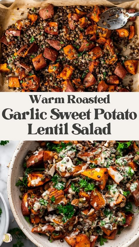 Simple Sweet Potato Lentil Salad with Roasted Garlic Tahini Dressing Daniel Fast Lunch Ideas, Potato Lentil Salad, Vegetarian Ideas, Daniel Fast Recipes, Daniel Fast, Salad With Sweet Potato, Lentil Salad, Tasty Vegetarian Recipes, Tahini Dressing