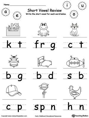 **FREE** Short Vowel Review. Write Missing Vowel. Worksheet. Identify and write the missing short vowel in this printable worksheet. Your child will look at the picture, pronounce its name and identify the missing vowel in the word, then write it. #MyTeachingStation Short Vowel U Worksheets, Short Vowel Activities Kindergarten, Short And Long Vowels Worksheet For Kindergarten, Long And Short Vowels Worksheets Grade 1, Short Vowel Review Worksheet Prek, Vowels Kindergarten, Vowel Practice, Short Vowel Worksheets, Vowel Worksheets