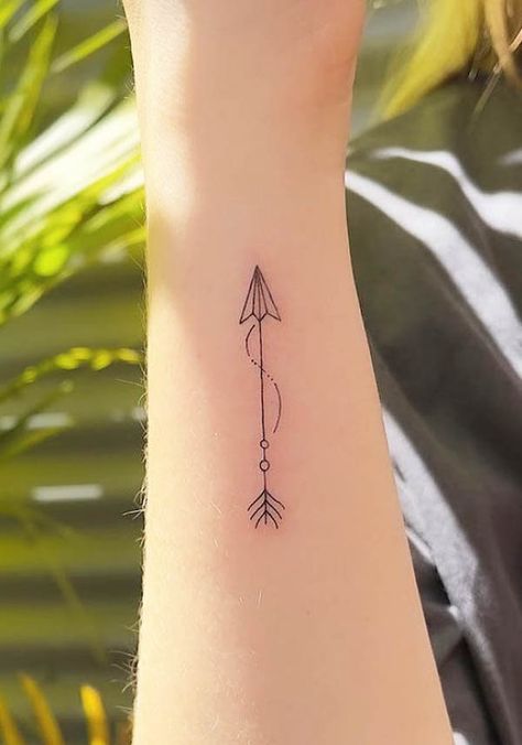 Bent Arrow Tattoo, Arrow Wrap Around Tattoo, Delicate Arrow Tattoos For Women, Tiny Arrow Tattoos For Women, Arrow Infinity Tattoo Design, Minimalist Strength Tattoo, Wrist Arrow Tattoos For Women, Small Tattoos Strength, Fine Line Arrow Tattoo Design