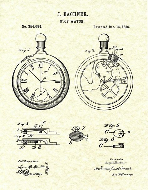 1886 Pocket Watch - Stop Watch designed by Joseph Bachner, issued December 14, 1886. All patent print and illustration pages are meticulously restored and digitally refined to remove as many flaws as possible while maintaining the integrity of the original document. These fine art prints are a wonderful way to own a piece of history featuring your favorite inventions or hobbies to be proudly displayed in your home, office, business, man cave or camp. All prints and illustrations are printed on p Watch Blueprint, Pocket Watch Drawing, Watch Drawing, Patent Art Prints, Stop Watch, Chic Tattoo, Inspirational Poems, Patent Drawing, Art Watch