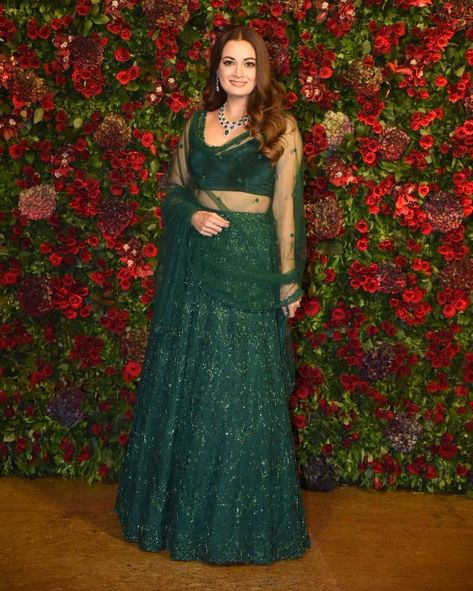 Designer outfit wore by Diya  #outfit #receptionlook #lehenga #ethnicwear #diamirza #deepveer #indianfashion #ethnic #outfitgoals #deepveerreception #shaadisaga #celebritywedding #indiancouture #indianwear Haldi Bridesmaid Outfit, Festival Outfits Green, Haldi Bridesmaid, Green Lehenga Designs, Teej Festival Outfits, Dark Green Lehenga, Party Lehenga, Lehenga Pattern, Dia Mirza