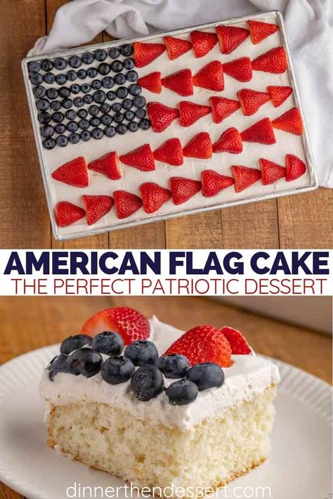 American Flag Cake made with a homemade vanilla cake recipe, cool whip and fresh berries is the perfect patriotic dessert for your summer cookout. #cake #cakerecipes #baking #dessert #4thofjuly #independenceday #america #strawberry #blueberry #dinnerthendessert Strawberry Poke Cake Recipe, Flag Cake Recipe, Strawberry Jello Cake, Flag Desserts, Strawberry Poke Cake, Memorial Day Desserts, American Flag Cake, Strawberry Poke Cakes, Poke Cake Recipe