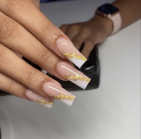 Square Acrylic Nails Gold Flakes, Gold Leaf French Tip Nails, White And Gold Nails Prom, French Tip Nails With Gold, Gold Acrylic Nails, Tapered Square Nails, Long Acrylic Nail Designs, French Tip Acrylic Nails, Classy Acrylic Nails