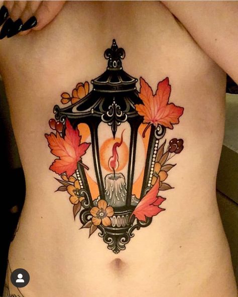 Neotraditional Autumn Tattoo, Witchy Lantern Tattoo, Spooky Lantern Drawing, Lantern Tattoo Neotraditional, Neotraditional Fall Tattoo, Moth Lantern Tattoo, Small Autumn Tattoo, Neotrad Lantern, Gothic Lantern Tattoo