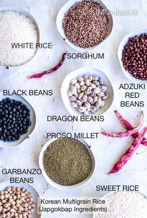 8 bowls of grains and beans for Korean multigrain rice (Japgokbap) recipe. #multigrain #rice #asianfood #koreanfood #koreanrice #healthyrice Multigrain Rice Recipe, Rice Bowls Vegetarian, Multigrain Rice, Rice Korean, Rice Alternatives, Rice Instant Pot, Easy Weekday Meals, Healthy Rice, Instant Pot Recipe