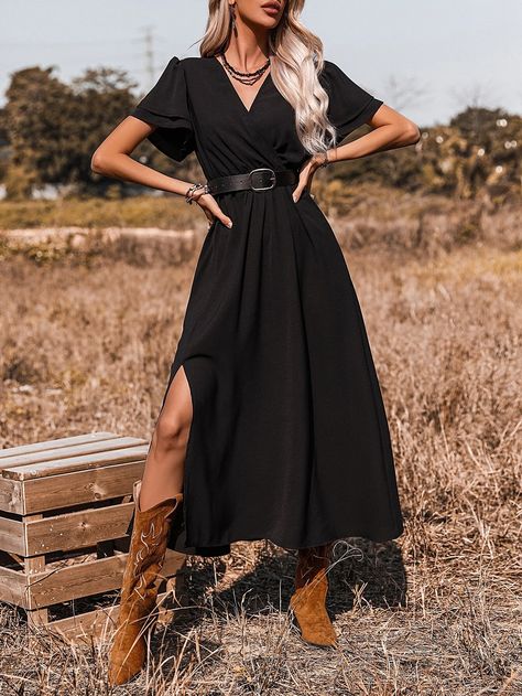 SHEIN X Stagecoach Surplice Front Split Thigh A-line Dress Without Belt | SHEIN USA Country Wedding Guest Dress What To Wear Cowboy Boots, Cowboy Dresses For Women, Fall Wedding Guest Dress With Cowboy Boots, Dress With Boots Outfit Country, Ho Down Outfit Country, Country Wedding Dresses With Boots Guest, Western Black Dress Outfit, Formal Country Outfits Women, Rustic Wedding Outfit Guest