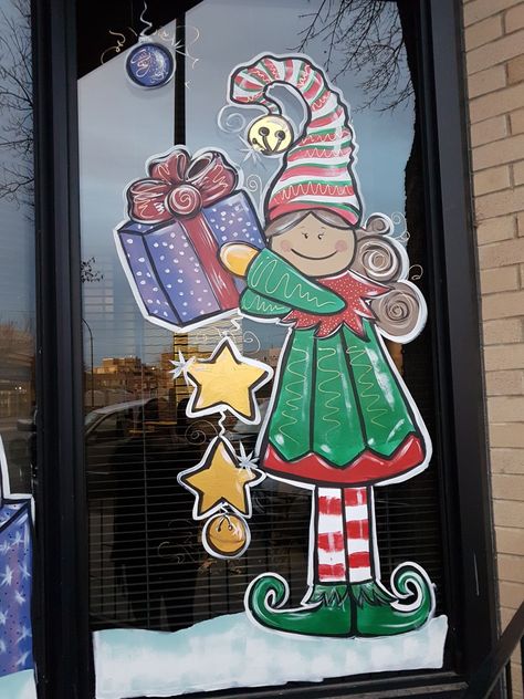 Elf Window Painting, Christmas Hallway, Painted Window Art, Christmas Candy Cane Decorations, Christmas Window Painting, Window Mural, Candy Cane Decorations, Decoration Vitrine, Christmas Window Decorations