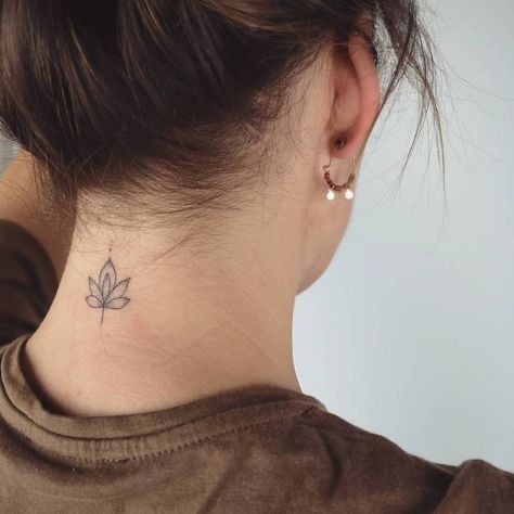 Lotus Flower Tattoo Neck, Nape Tattoo Women Minimalist, Lotus Flower Tattoo Hand, Lotus Neck Tattoo, Nape Of Neck Tattoo, Mindful Tattoo, Bishop Tattoo, Lotus Flower Tattoos, Lotusblume Tattoo