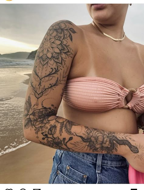 Matching Shoulder Tattoos, Shoulder Sleeve Tattoos For Women, Mandala Shoulder Tattoo, Half Sleeve Tattoo Upper Arm, Half Arm Sleeve Tattoo, Shoulder Sleeve Tattoos, Protection Tattoo, Arm Sleeve Tattoos For Women, Feminine Tattoo Sleeves