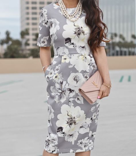 ASOS PETITE Smart Dress with V Back in Gray Floral Print, louboutin pigalle nude pumps, Saint Laurent YSL blush wallet on chain Smart Dresses Women, Ysl Blush, Womens Spring Fashion Outfits, Floral Dresses With Sleeves, Backless Lace Wedding Dress, Grey Floral Dress, Stylish Petite, Louboutin Pigalle, Spring Work Outfits