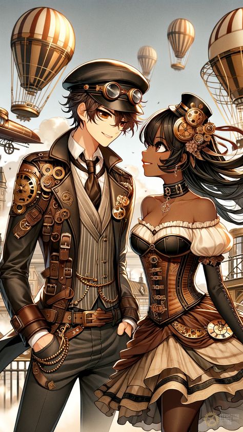 Experience the captivating connection of this steampunk anime couple, locked in a gaze that transcends time and technology, evoking a sense of timeless love and enchantment. Clockpunk Aesthetic Outfit, Couple Phone Wallpaper, Steampunk Couple, Anime Steampunk, Steampunk Romance, Steampunk Phone, Dark Steampunk, Character Dynamics, Punk Couple