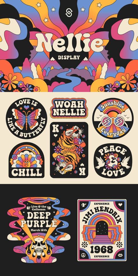 Multimedia Illustration, 70s Graphic Design, Hippie Font, Retro Display, Stay Groovy, Festival Inspo, Retro Graphic Design, Creative Fonts, Retro Font