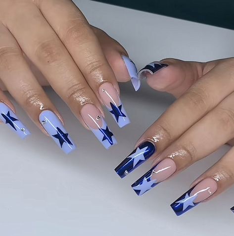 The latest nail style trend to hit Instagram is a creative way to celebrate the season. Users are uploading images of nails painted to look like the knit sweaters that are perfect for this time of the year.  . Blue Nails Ideas Design, Colorfull Nails 2023, Y2k Nails Blue, Nails Acrylic Y2k, Star Nails Y2k, Y2k Nail Art, Pretty Nail Designs Acrylics, Kylie Nails, Star Nail Designs