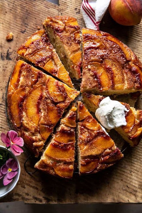 Peach Upside Down Cake, Half Baked Harvest Recipes, Skillet Cake, Basic Cake, Peach Cake, Warm Cake, Harvest Recipes, Half Baked, Peach Recipe