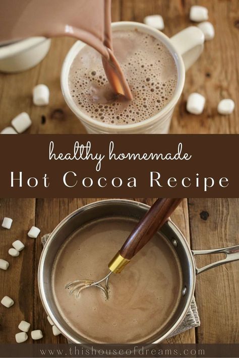 Make this healthy hot cocoa recipe with just a few simple nourishing ingredients. It only takes a few minutes to mix together and heat up. Healthy Hot Cocoa Recipe, Easy Hot Cocoa Recipe, Healthy Hot Cocoa, House Of Dreams, Healthy Hot Chocolate, Cocoa Drink, Healthy Milk, Homemade Hot Cocoa, Easy Clean Eating Recipes