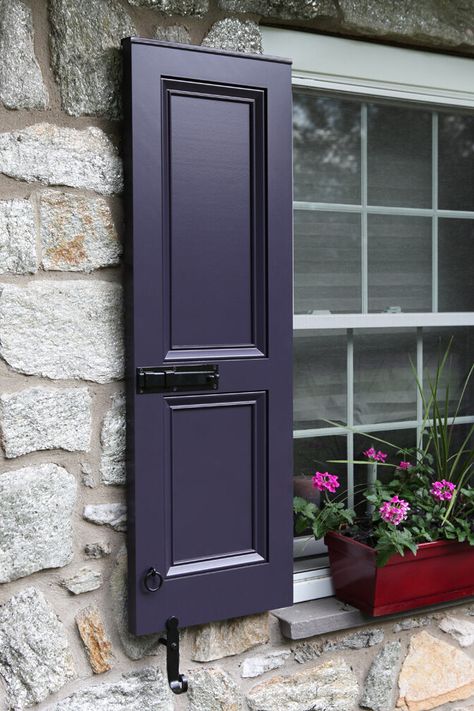 Eggplant Exterior House Color, Purple Shutters On House, Grey House Purple Door, Eggplant Front Door, Purple Exterior House Colors, Rustic Window Shutters, Window Shutters Inside, Purple Shutters, Diy Window Shutters