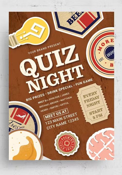 Pub Quiz Night Template Flyer Template AI, PSD Pub Social Media, Trivia Poster, Pub Night, Quiz Design, Pub Quiz, Michael Brown, Peer Support, Drink Specials, Night City