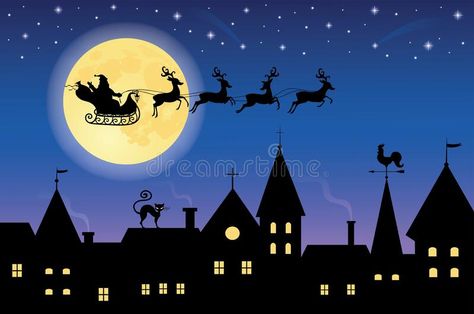 Silhouette of a santa on a sledge harnessed by magic reindeer flying over a town. Full moon and stars on the background vector illustration Full Moon And Stars, Reindeer Flying, Flying Reindeer, Moon Silhouette, Silhouette Christmas, Star Background, Christmas Window, A Town, Wool Applique