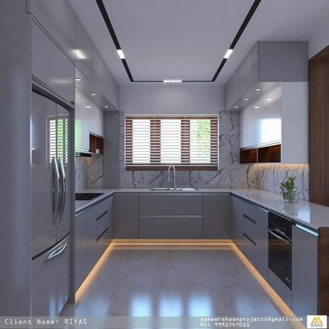 U Shaped Kitchen Interior Modern, Small Luxury Kitchen Modern, Parellal Kitchen Designs, U Shape Kitchen Design Modern, U Shaped Kitchen Interior, Small U Shaped Kitchen, Patio Bed, Kitchen Ceiling Design, Kitchen Cupboard Designs