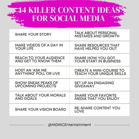 14 Killer Content Ideas for Social Media. If you ever feel stuck and do not know what to post follow this guide to make great content! Follow MDMC Entertainment for more marketing and social media tips! #MDMCEntertainment #DigitalMarketing #MarketingAgency #Marketing College Social Media, Content Ideas For Social Media, College Advising, School Social Media, College Goals, Social Media Post Ideas, College Recruiting, Feel Stuck, Content Ideas