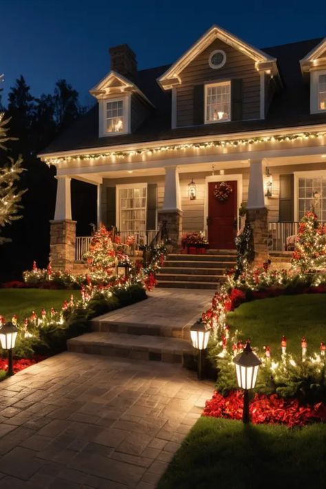 Make your home's exterior shine with these sophisticated outdoor lighting concepts. Learn how to create a warm, welcoming ambiance that's both festive and refined. Christmas Light Exterior Ideas, Christmas House Decor Exterior, Classy Christmas Home Decor, Classy Outdoor Christmas Decorations, Classy Christmas Decor Outdoor, Classy Outdoor Christmas Lights, Classy Outdoor Christmas Decor, Exterior Christmas Lights Ideas, Christmas Lights On House Exterior