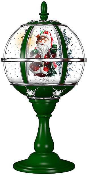 23-In. Tabletop Snow Globe in Green with Santa Scene, Cascading Snow, and Christmas Carols | Ashley Wonderland Musical, Christmas Carol Play, Snow And Christmas, Waterless Snow Globe, Fraser Hill, Snow Signs, Artificial Snow, Musical Snow Globes, Christmas Tunes