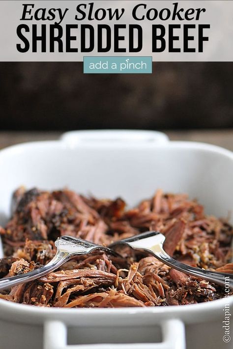 Slow Cooker Shredded Beef is perfect to add to so many delicious dishes and recipes. This slow cooker shredded beef is great to make ahead and keep on hand for easy dinner recipes. Freezer friendly too! // addapinch.com #beef #slowcooker #crockpot #shreddedbeef #freezerfriendly #addapinch Crockpot Shredded Beef, Shredded Beef Recipe, Slow Cooker Shredded Beef, Shredded Beef Recipes, Freezer Recipes, Delicious Slow Cooker Recipes, Crockpot Beef, Best Slow Cooker, Shredded Beef