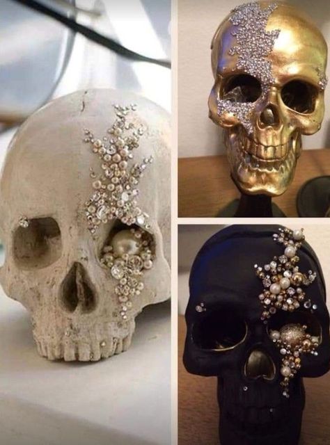 Black Gold Silver Halloween, Rock Collection Wall Display, Skull Home Decor Diy, Classy Halloween Diy Decor, Bejeweled Skull Diy, Jeweled Skull Diy, Halloween Decorations Skulls, Diy Halloween Skull Decorations, Boujee Halloween Decor