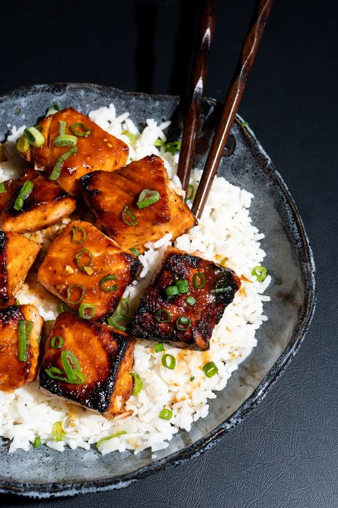 Miso Honey Salmon Skewers with Coconut Rice - Tiffani Thiessen Salmon With Coconut Rice, Chile Crisp, Seafood Entree, Zucchini Fries Baked, Honey Garlic Ribs, Salmon Skewers, Miso Glazed Salmon, Tofu Steak, Coconut Rice Recipe