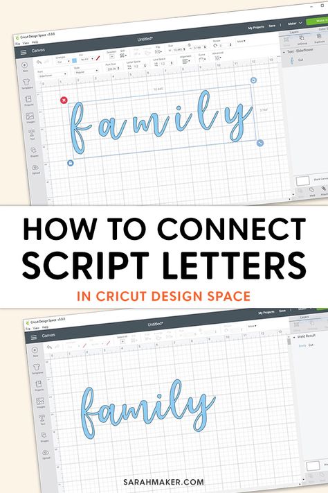 Learn how to fix cursive letters and connect script fonts in Cricut Design Space with this easy step by step photo tutorial. How To Connect Letters In Design Space, Cricut Fonts Cursive, Cursive Cricut Font, How To Layer Letters With Cricut, How To Outline Letters On Cricut, How To Turn Handwriting Into A Svg, Cursive Fonts On Cricut Design Space, Cricut Lettering, Sarah Maker