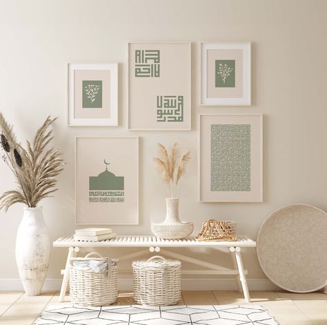 Set of 5 Islamic Wall Art, Sage Green Arabic Calligraphy, Allah Muhammad, Salam Bismillah, Beige Muslim Home Decor Poster, Ramadan Digital Muslim Room Decor, Islamic Painting Ideas, Arabic Frame, Islamic Wall Art Printable, Calligraphy Allah, Wall Art Sage Green, Islamic Designs, Muslim Home Decor, Posters Ideas