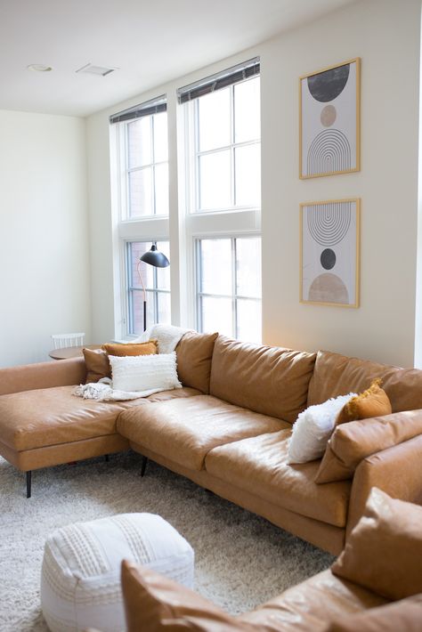 Albany Park Leather Sectional, Vegan Leather Couch Living Room, Vegan Leather Sectional, Cozy Leather Couch, Best Sofa Designs, Tan Leather Sectional, New Orleans Interior, New Orleans Aesthetic, Leather Sectional Living Room