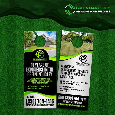 Door Hanger Design for Ferdovich Landscaping LLC. Your Marketing Solutions For Lawn & Landscape Professionals! Door Hanger Design Marketing, Door Hanger Design, Green Marketing, Green Industry, Lawn Landscape, Landscape Maintenance, Hanger Design, Lawn Maintenance, Lawn And Landscape