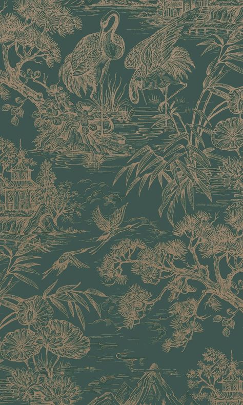 Tropical British Colonial Wallpaper, Vintage Living Room Wallpaper, Green Ceiling Wallpaper, Asian Inspired Wallpaper, Wall Papering Ideas Living Room Art Deco, Crane Wallpaper Bathroom, Green Wallpaper House, Nature Wallpaper Bedroom, Toilet Room Wallpaper