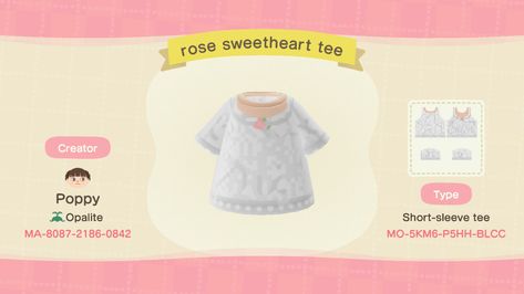 white top with pink rose in animal crossing new horizons Coquette Acnh Outfits, Acnh Clothes Design Id Coquette, Animal Crossing Coquette Codes, Coquette Animal Crossing Clothes, Acnh Coquette Clothes, Acnh Coquette Codes, Coquette Acnh Island, Animal Crossing Coquette, Coquette Animal Crossing