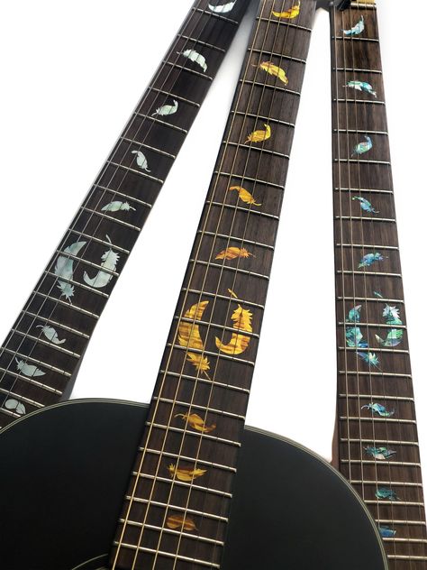 Jockomo’s Fret Markers #InlayStickers for Guitars - Flight Feathers Guitar Fret Stickers, Guitar Aesthetics, Fret Markers, Painted Guitars, Guitar Inlay, Flight Feathers, Bass Ukulele, Guitar Painting, Sticker Ideas