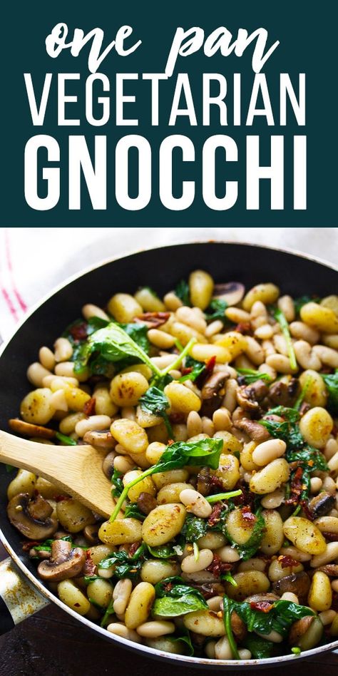 A healthy vegetarian recipe for one pan gnocchi with sundried tomatoes, white beans, spinach and mushrooms!  Ready in 30 minutes. #sweetpeasandsaffron #onepan #onepot #vegetarian #gnocchi #30minutes White Beans Spinach, Vegetarian Recipes For One, Spinach And Mushrooms, Recipe For One, Sundried Tomatoes, Gnocchi Recipes, Vegetarian Recipe, Spinach Stuffed Mushrooms, Plant Based Eating