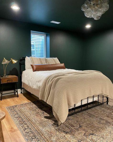 Essex Green Bedroom, Rewiring A House, Essex Green, Monochrome Bedroom, Off White Walls, Bedroom Ceiling, Pool Rooms, Benjamin Moore Colors, Basement Bedrooms