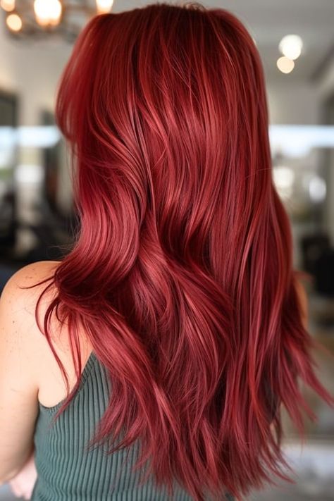 Red Shades Hair Color, Long Hair Styles Easy, Summer Red Hair Color, Warm Red Hair, Crimson Red Hair, Bright Red Hair Color, Crimson Hair, Red Hair Color Ideas, Red Hair Inspiration