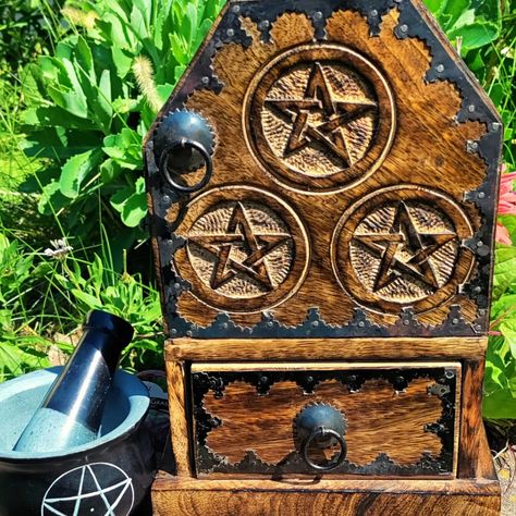 Green Witch Altar Box, Witch Casket Box, Wiccan Apothecary Cabinet Steampunk Gunner, Witch Apothecary Cabinet, Green Witch Altar, Wooden Altar, Witch Apothecary, Apothecary Chest, Esoteric Knowledge, Modern Day Witch, Scenery Ideas