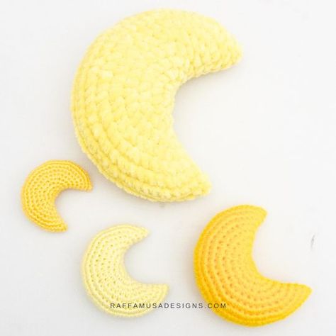 Crochet Moon Amigurumi • RaffamusaDesigns Crescent Moon Crochet, Moon Amigurumi, Crochet Moon, Activity Cube Baby, Baby Cubes, Backpack Charms, Swirl Lollipops, Tunisian Crochet Stitches, Crochet Stitches Guide