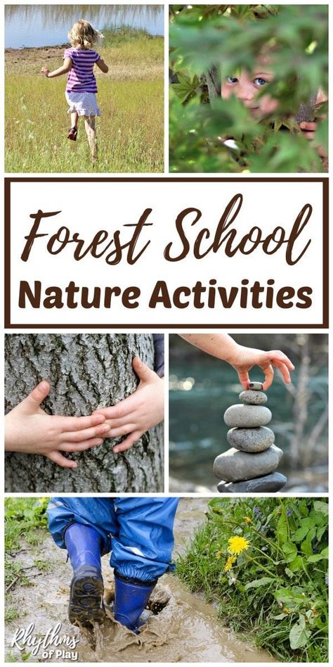 Forest School Nature Activities - We've got a round-up of some of our favorite outdoor learning ideas and nature activities! These are child-led and loosely structured suggestions. They're perfect for nature school, preschool, kindergarten, & forest school. | #RhythmsOfPlay #ForestSchool #OutdoorLearning #NatureActivities #NaturalLearning #Homeschooling #KidsActivities #OutdoorActivities #GetOutside Nature Science Preschool, Outdoor Education Kindergarten, Forest School Activities Preschool, Nature Preschool Activities, Outdoor Learning Ideas, Wild Schooling, Nature Activities For Kids, Nature Based Preschool, Kids Exercise